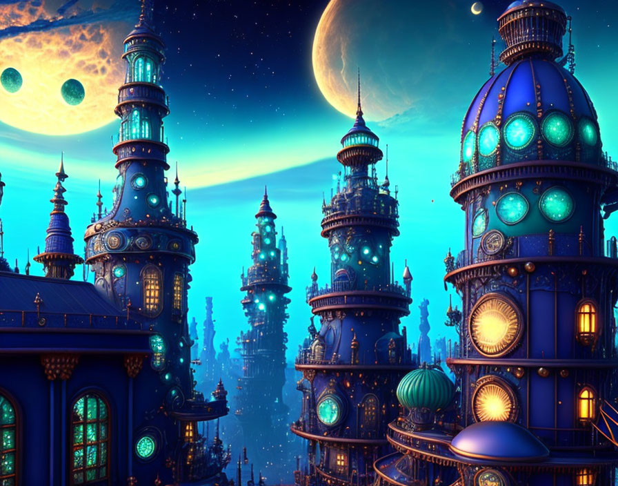 Fantasy night cityscape with ornate towers and moons