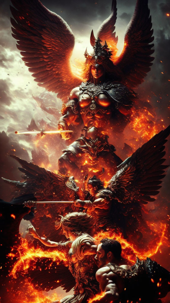 Fiery winged warrior in armor with horned helmet engulfed in flames.