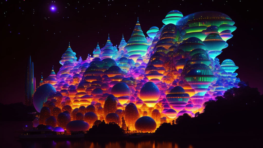 Colorful luminescent bubble-like towers in fantastical night cityscape