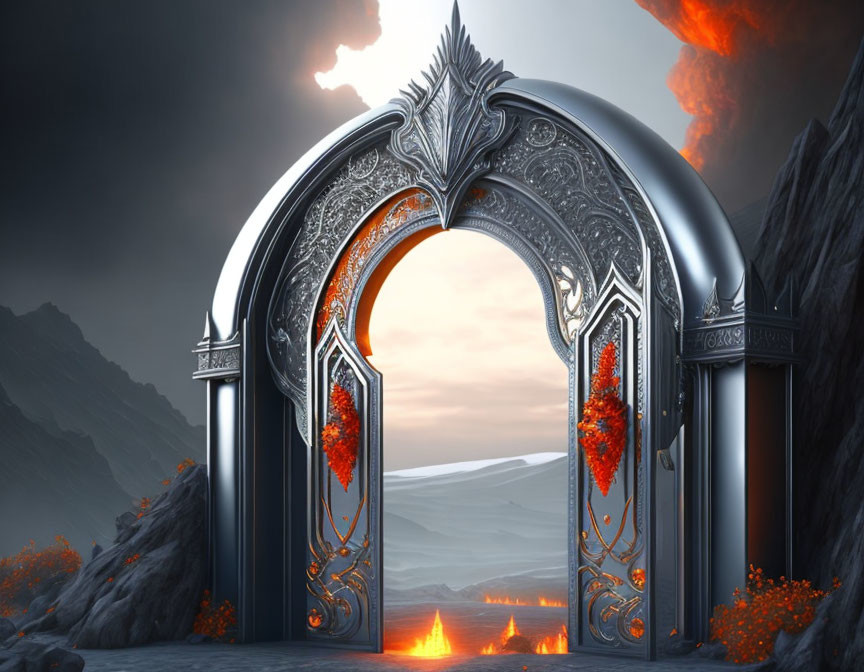 Ornate silver and black gate ajar in volcanic landscape with fiery chasm and flowing lava under