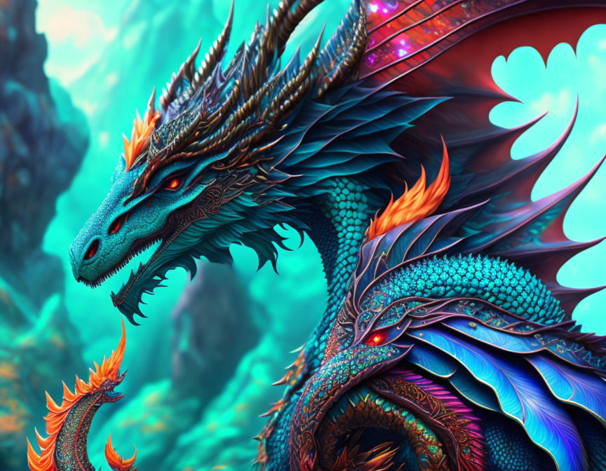 Detailed mythical dragon illustration: vibrant iridescent scales, fiery orange accents, blue feathered wings