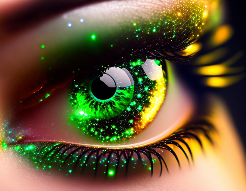 Close-up Digital Artwork: Vibrant Green Eye with Glitter Accents