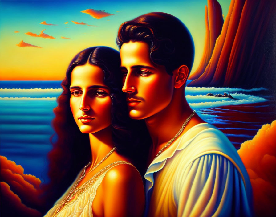 Surreal portrait of man and woman against vivid seascape