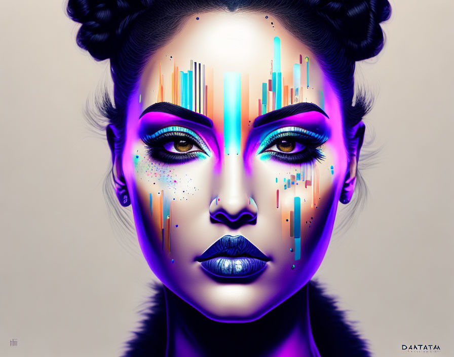 Stylized digital artwork of woman with vivid purple skin and colorful, geometric eye patterns