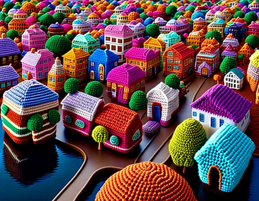 Vibrant miniature houses and trees in a whimsical, cartoon-like style with intertwining waterways