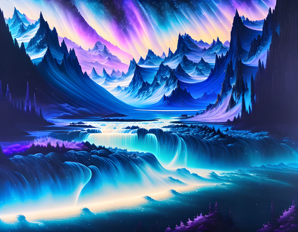 Colorful digital artwork: fantastical landscape with waterfalls, neon flora, mountains, starry night