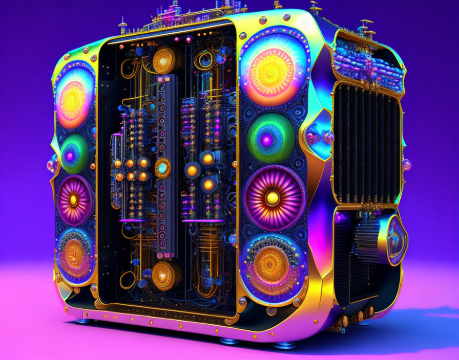 Colorful 3D illustration of a neon-lit fantastical machine