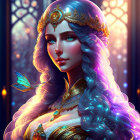 Fantasy queen digital portrait with golden crown and vibrant hair colors