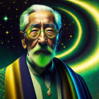 Elderly wizard with long white hair and beard in blue and gold robe on cosmic background.