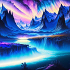 Colorful digital artwork: fantastical landscape with waterfalls, neon flora, mountains, starry night