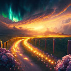 Scenic Path with Roses under Twilight Sky and Auroras