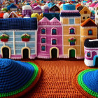 Vibrant miniature houses and trees in a whimsical, cartoon-like style with intertwining waterways