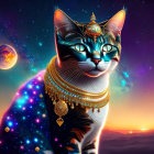 Majestic cat with ornate jewelry against starry sky and planets