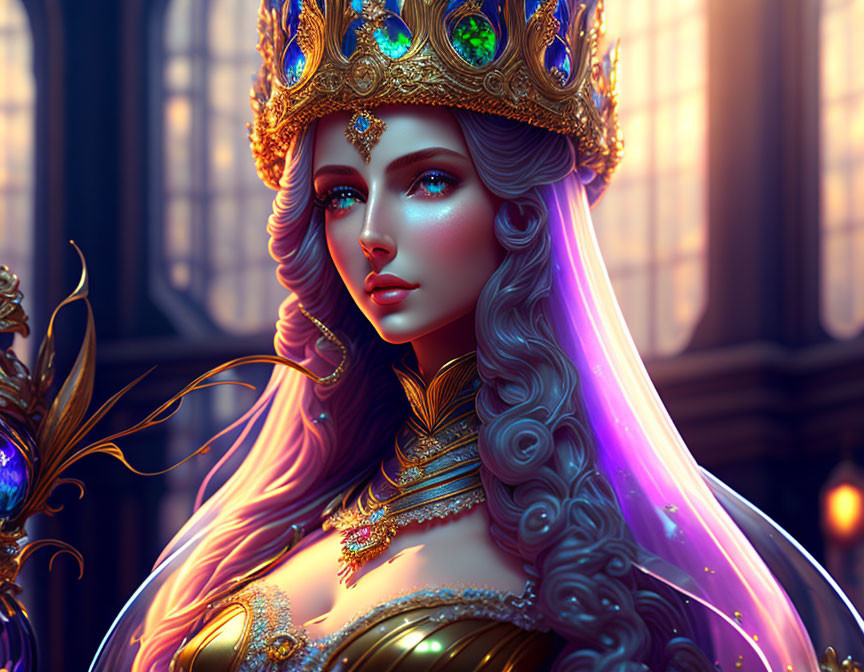 Fantasy queen digital portrait with golden crown and vibrant hair colors