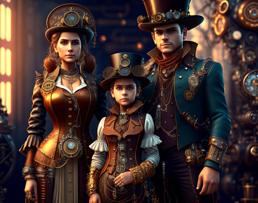 Steampunk-themed family portrait with Victorian attire and cogwheel backdrop