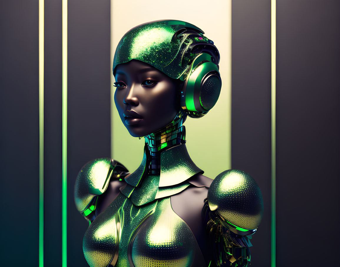 Futuristic female android with green and black skin and headphones in neon light setting