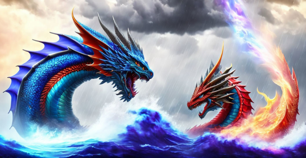 Majestic blue and red dragons face off under stormy skies