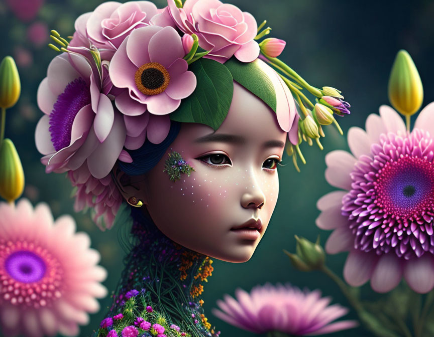 Colorful digital artwork: Girl with floral hair, vibrant colors, detailed textures on dark background