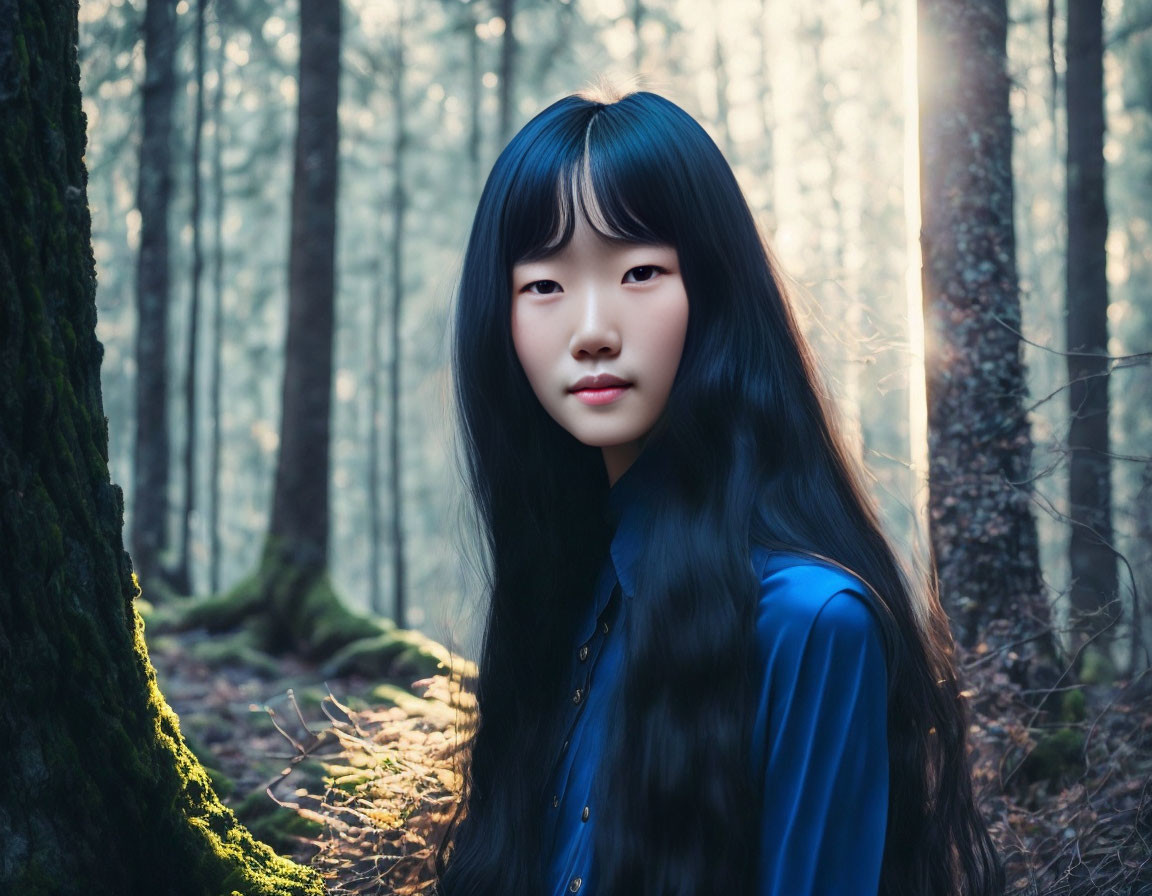 Young woman with long black hair in blue shirt in misty forest with sunlight.