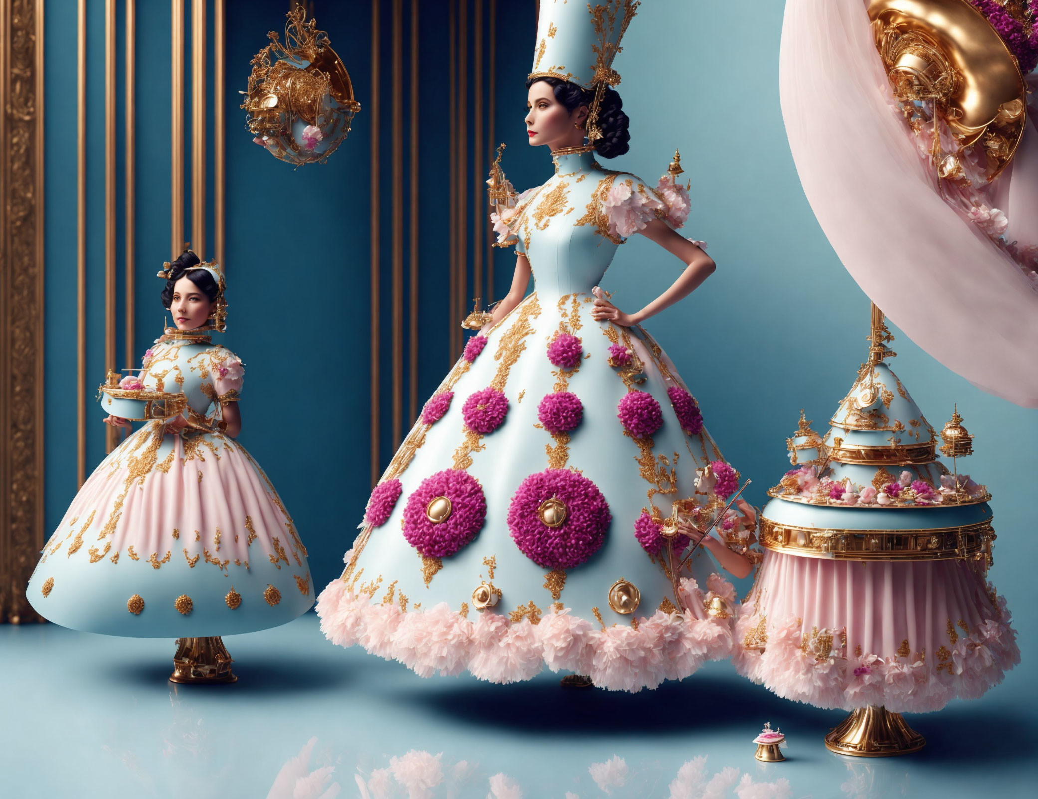 Two women in pastel floral dresses in luxurious classical room