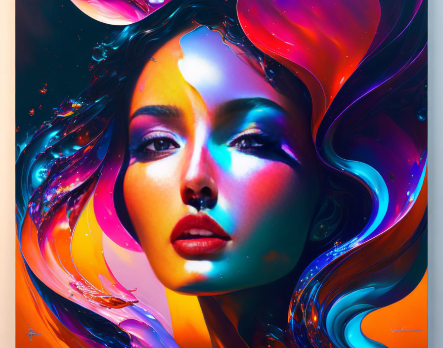 Colorful Abstract Digital Art of Woman's Face with Flowing Liquid Swirls