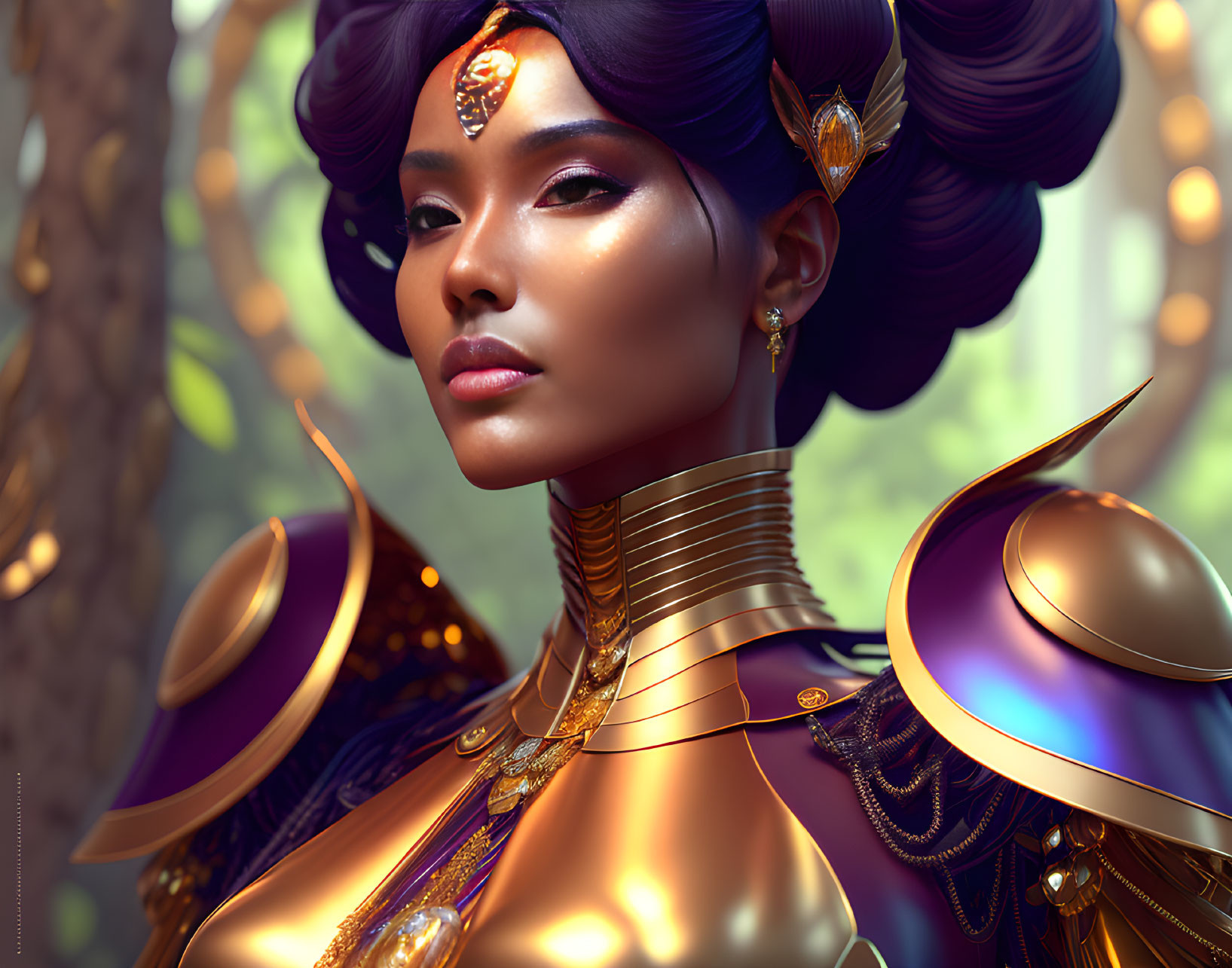 Stylized woman in golden armor with ornate hair and jewelry in forest backdrop