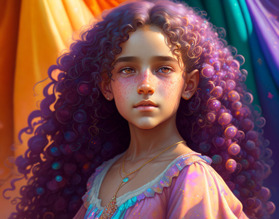 Digital Artwork: Young Girl with Purple Curly Hair and Freckles on Colorful Background