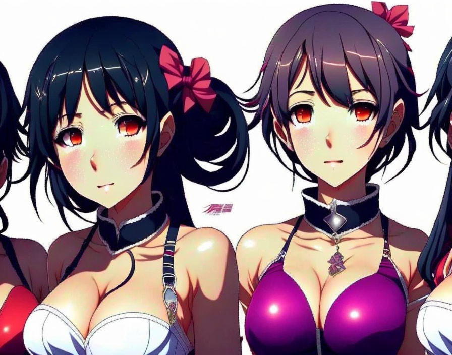 Dark-haired female characters in pink-accented outfits with chokers and red eyes.