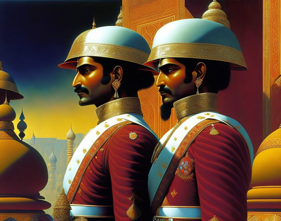 Men in traditional Indian attire with turbans and ornate uniforms against golden palatial backdrop