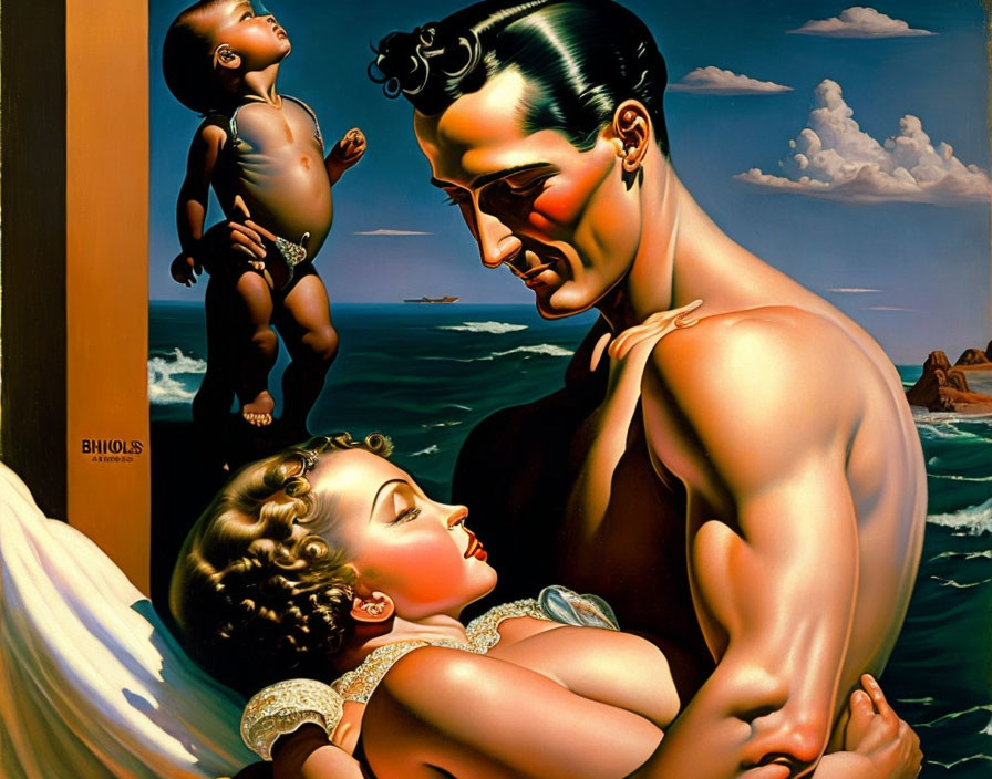 Surrealist painting features hyper-realistic figures with man, child, and floating baby by the sea