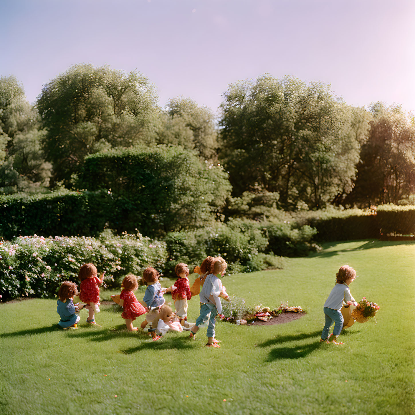 Toddlers playing tag on sunny grassy lawn