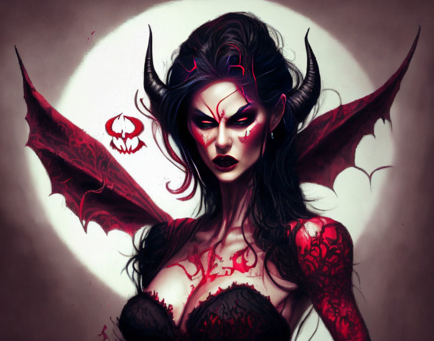 Female demon illustration with horns, bat wings, red eyes, and tattoos on dark, moody background