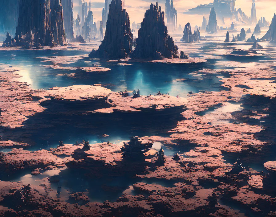 Alien landscape with towering rocks, reflective water & floating islands