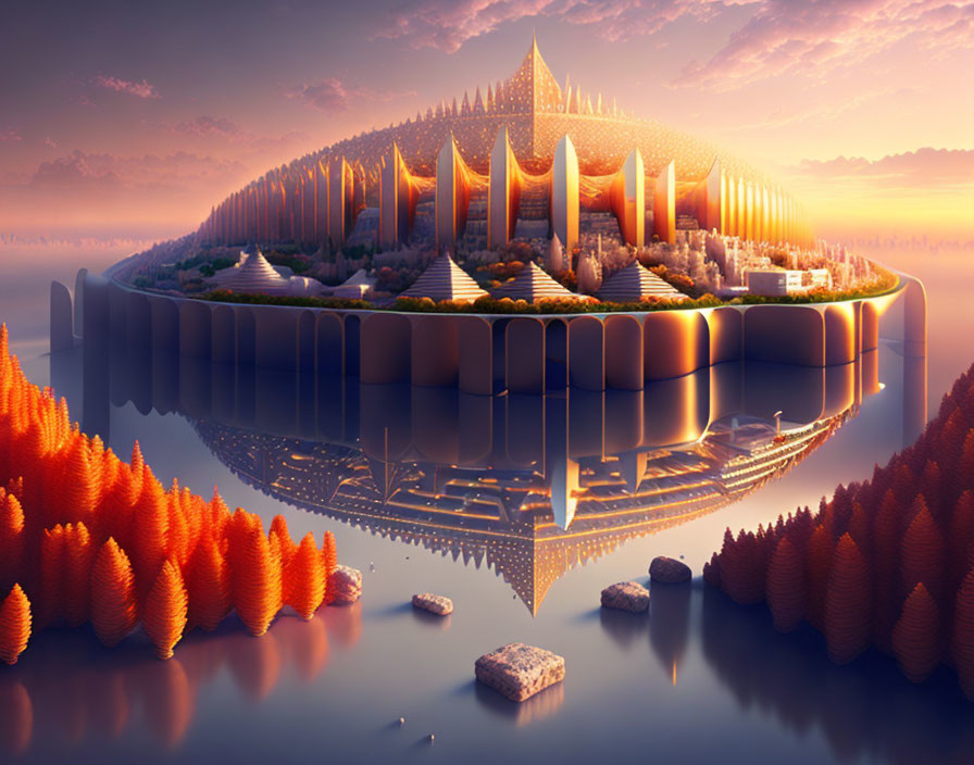 Floating City with Spire-like Buildings Above Autumnal Forest