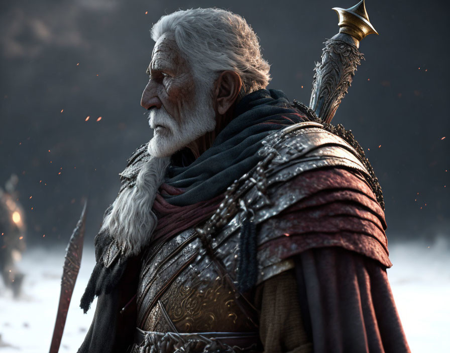 Elderly warrior in armor and cloak with white beard and mace