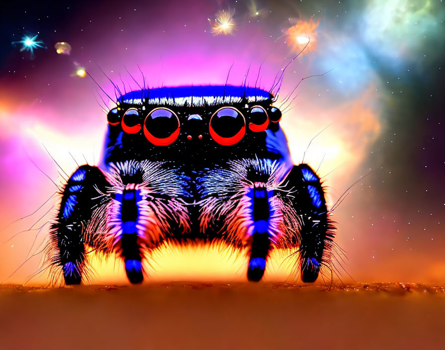 Vibrant Close-Up of Jumping Spider with Cosmic Background