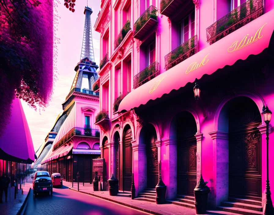 Magenta-tinted Paris street scene with Eiffel Tower and quaint buildings