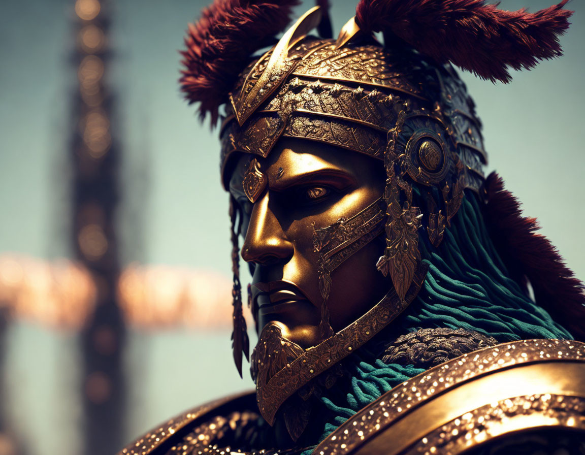 Intricate golden helmet with red feathers worn by noble warrior