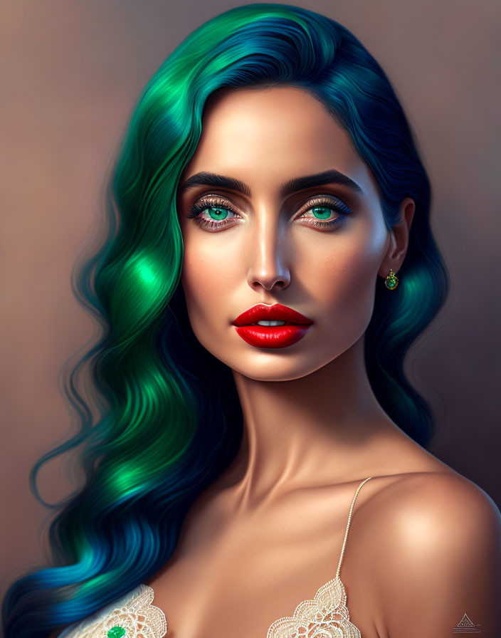 Vibrant digital portrait of woman with teal hair and green eyes