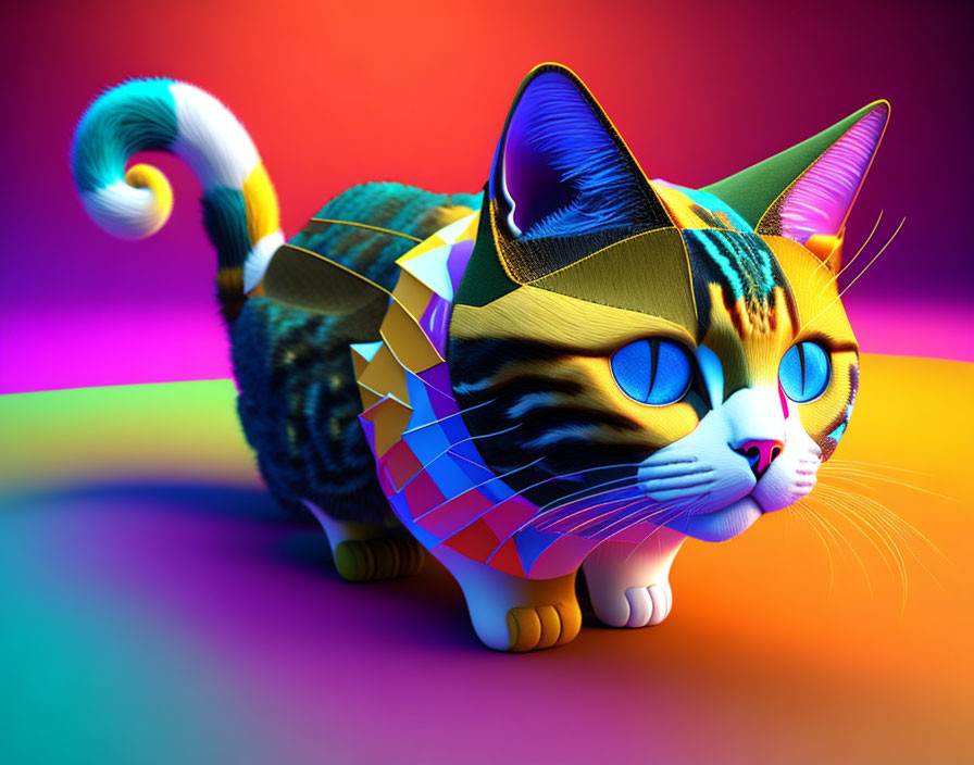 Colorful Geometric Cat Illustration on Rainbow Background