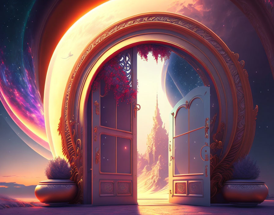 Ornate door frames mystical forest path to starry sky with giant alien planets