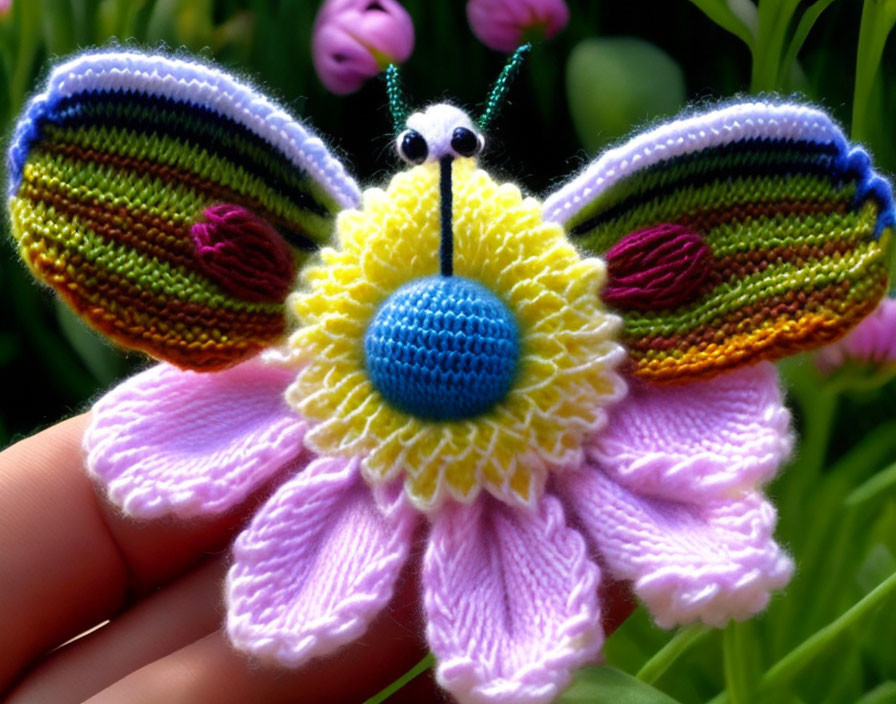 Colorful Handcrafted Crochet Butterfly on Green Background