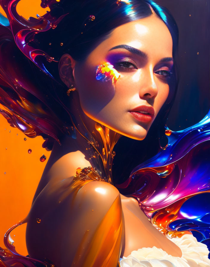 Vibrant swirls of orange, blue, and purple surround a woman with striking makeup