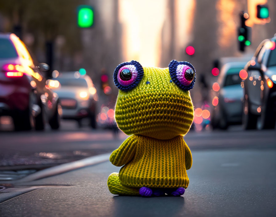 Yellow Crocheted Toy Frog on Urban Road with Traffic Background