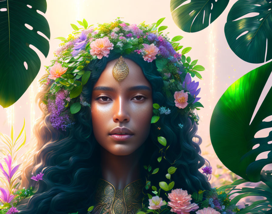 Woman with Floral Crown and Wavy Hair in Jungle Setting