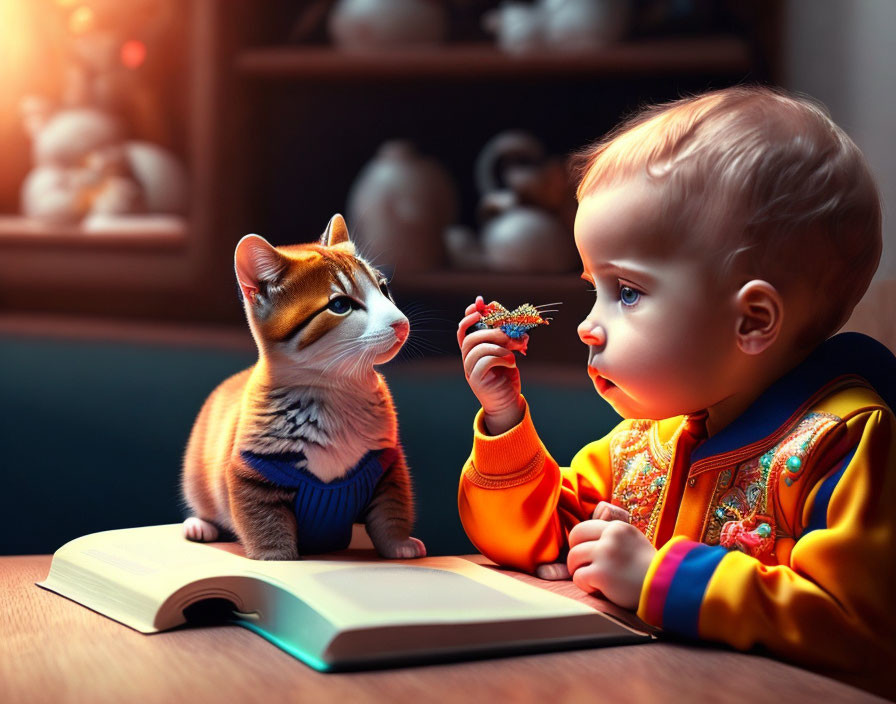 Bright jacket toddler showing toy to attentive cat beside open book in warm light