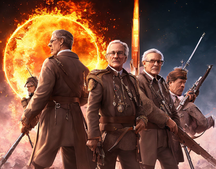 Four Senior Men in Steampunk Attire with Weapons Against Explosive Sun Backdrop