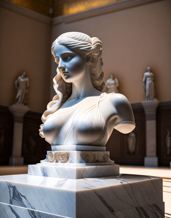 Classical marble bust of woman with flowing hair in gallery setting