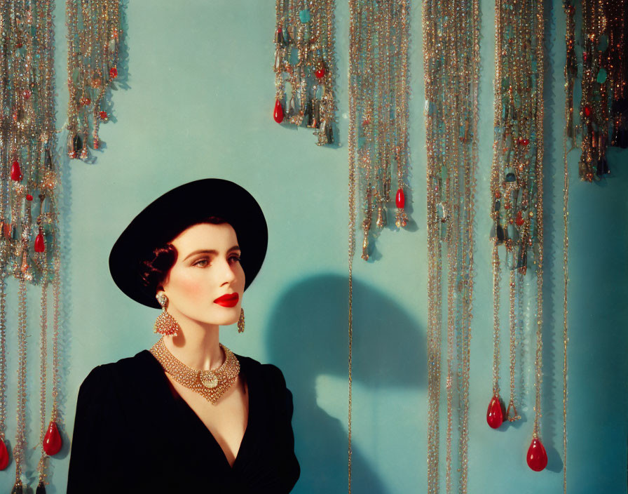 Woman in Black Outfit and Wide-Brimmed Hat Poses Against Turquoise Backdrop