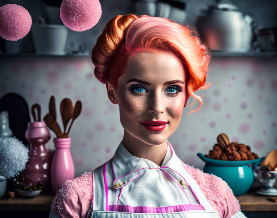 Woman with Pink Updo in Vintage Kitchen with Polka Dot Wallpaper